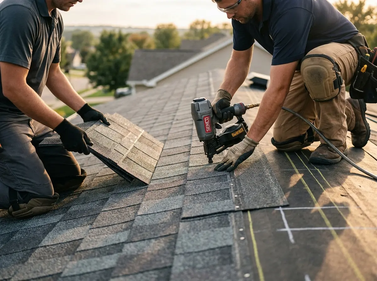 Professional roofer working on a residential roof in Fishhook